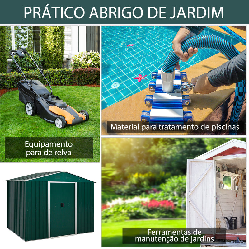 Abrigo de Jardim de 4,1 m² 236x174x190 cm Abrigo de Exterior para Armazenamento de Ferramentas com Portas de Correr e 4 Janelas de Ventilação para Pátio Verde