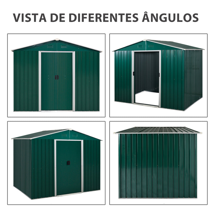 Abrigo de Jardim de 4,1 m² 236x174x190 cm Abrigo de Exterior para Armazenamento de Ferramentas com Portas de Correr e 4 Janelas de Ventilação para Pátio Verde