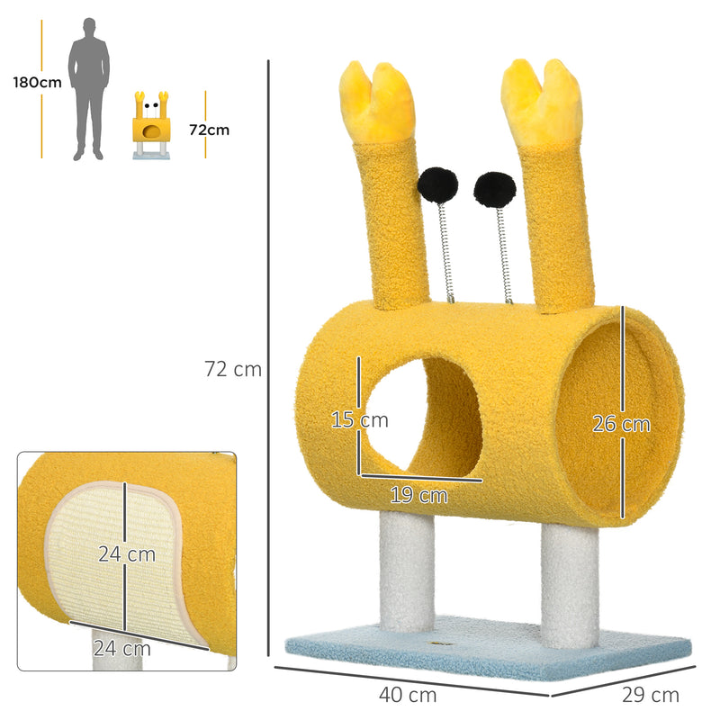 Árvore Arranhador para Gatos Altura 72cm Postes com Forma de Caranguejo Torre para Gatos com Orifício e Bolas Divertidas 40x29x72cm Amarelo