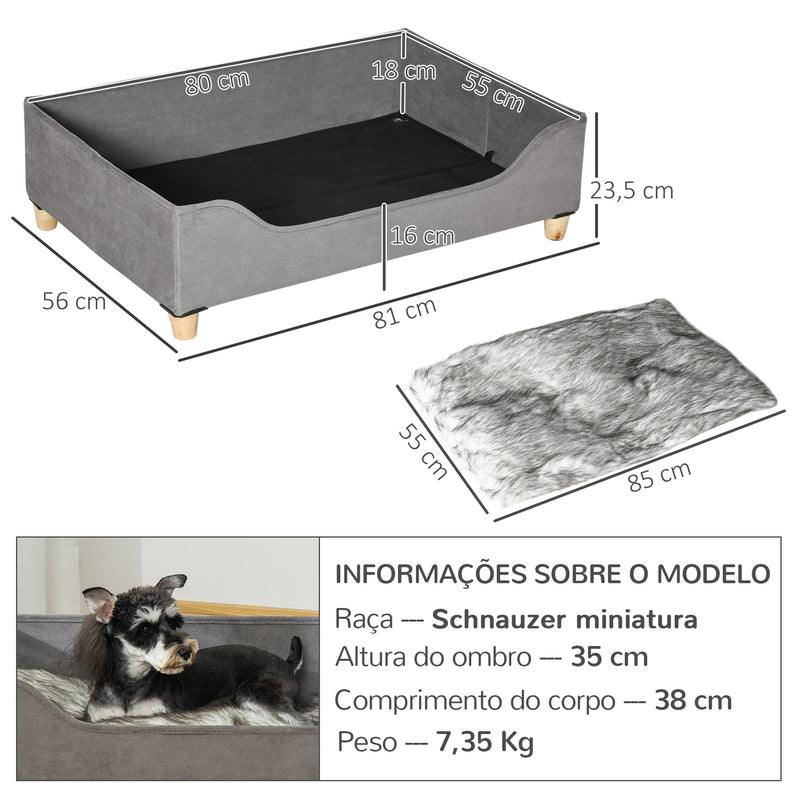 Sofá para Cães Gatos Cama para Animais de Estimação Pequenos e Médios com Almofada Removível Lavável e Pés Elevados de Madeira 81x56x23,5cm Cinza