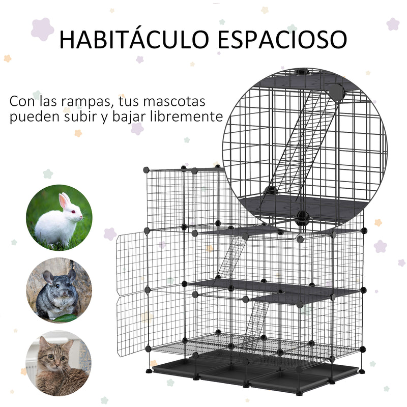 Gaiola para animais pequena DIY com 4 portas 6 bandejas 111x75x119 cm Preto