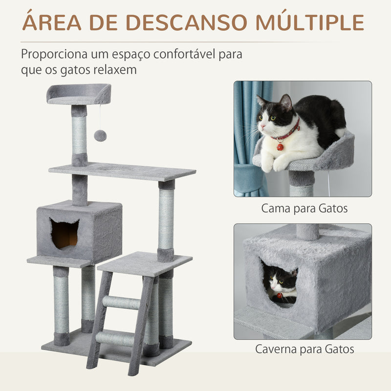 Árvore Arranhadora para Gatos Torre de Escalada com Plataformas Escada Caverna Postes de Juta e Bola Suspensa 60,5x40x124cm Cinza