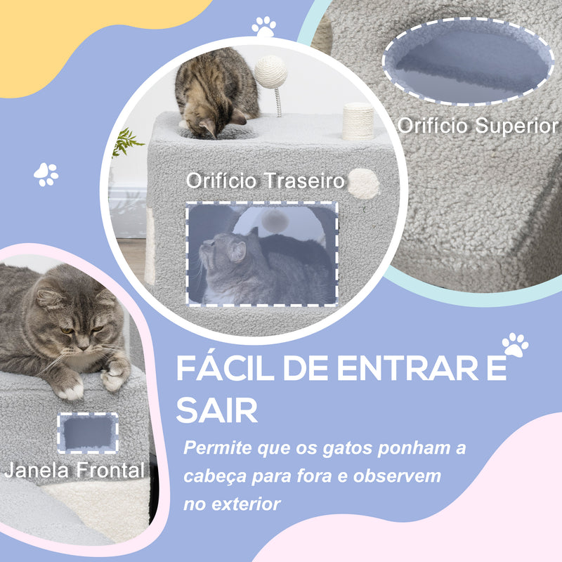 Túnel para Gatos com Caverna Túnel para Animais de Estimação com Orifício Superior Porta Dianteira Poste de Sisal e Bola Suspensa 48x95x58cm Cinza