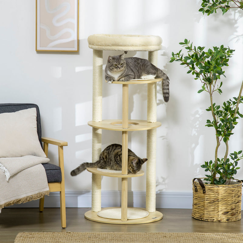 Árvore Arranhador para Gatos de Madeira 123,5cm Torre de Arranhar para Gatos com Múltiplas Plataformas Cama e Almofada Ø54x123,5 cm Carvalho