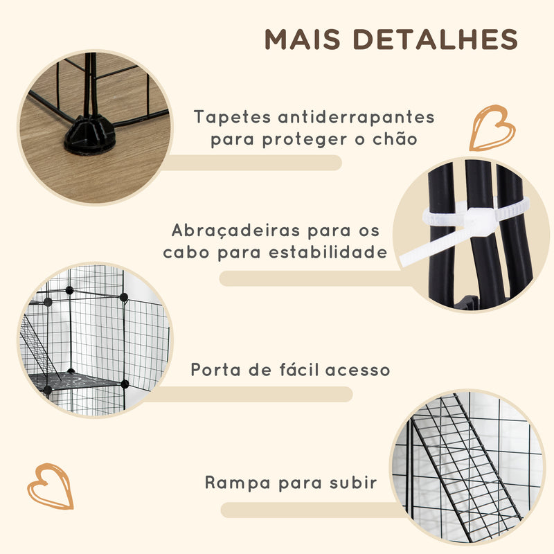 Recinto para Animais Pequenos com 31 Painéis Recinto para Animais de Estimação Personalizável com Rampa Portas para Cobaias Coelhos Chinchilas 105x45x105 cm Preto