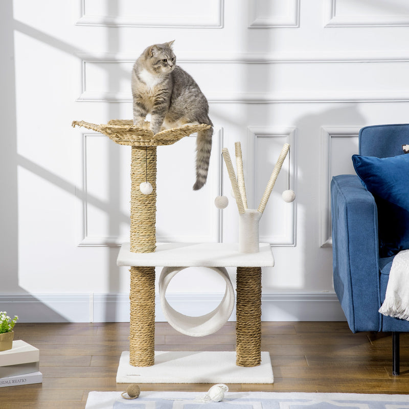 Árvore Arranhador para Gatos Médios Altura 91cm Torre para Gatos com Cama em Forma de Flor Plataformas Postes de Arranhar Túnel e Bolas Suspensas 56x40x91cm Branco e Bege