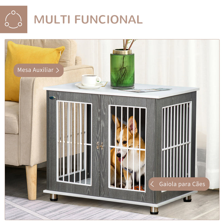 Gaiola para Cães de Madeira Mesa Auxiliar com Bancada de Armazenamento 2 Portas com Fechadura e Grades de Aço Gaiola para Cães de Interior 85x55x75cm Cinza