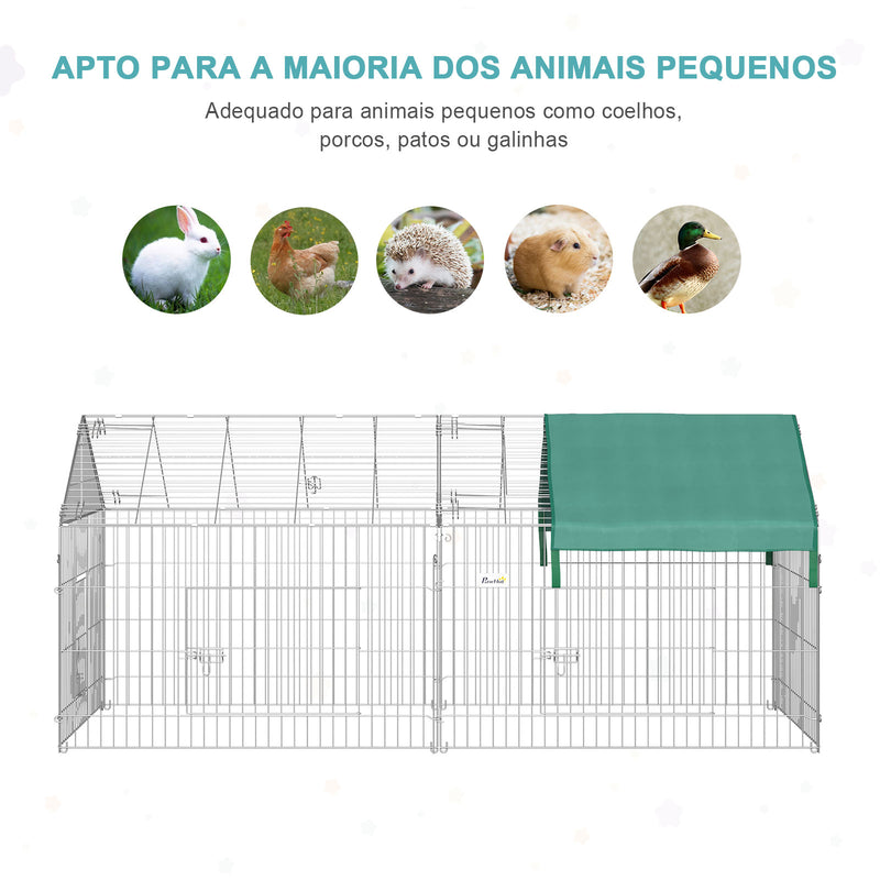 Gaiola para Animais de Estimação Pequenos 220x103x103cm Gaiola para Coelhos e Galinhas com 2 Portas e Proteção Solar para Exterior Jardim Pátio Prata e Verde