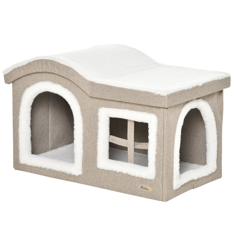 Casa Dobrável para Gatos Caverna para Gatos Grande com Tampa Removível Almofadas 2 Entradas e Janela 63,5x37x40cm Bege