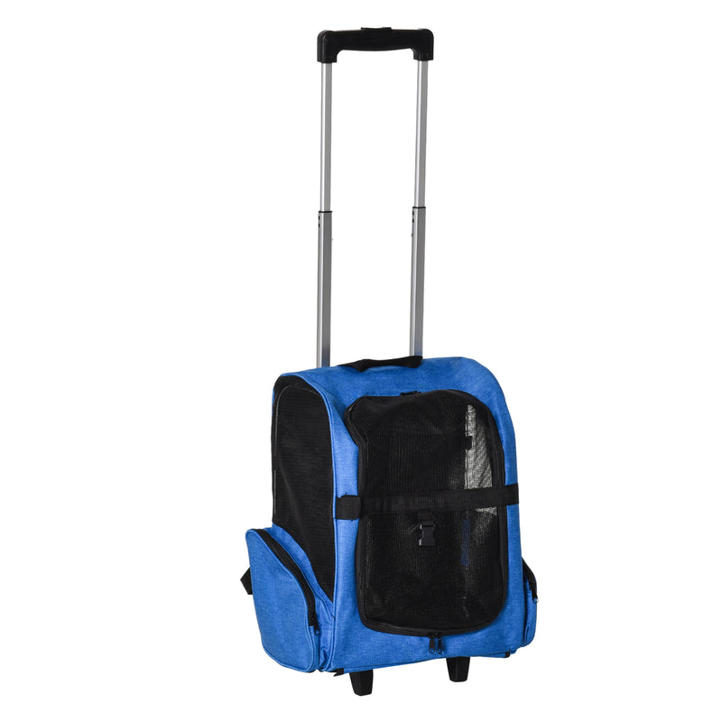 Transportadora para Animais de Estimação 2 em 1 Mochila de Viagem com 2 Rodas para Cães Gatos com Alça Retrátil de Alumínio e Bolso de Armazenamento 42x25x55cm Azul