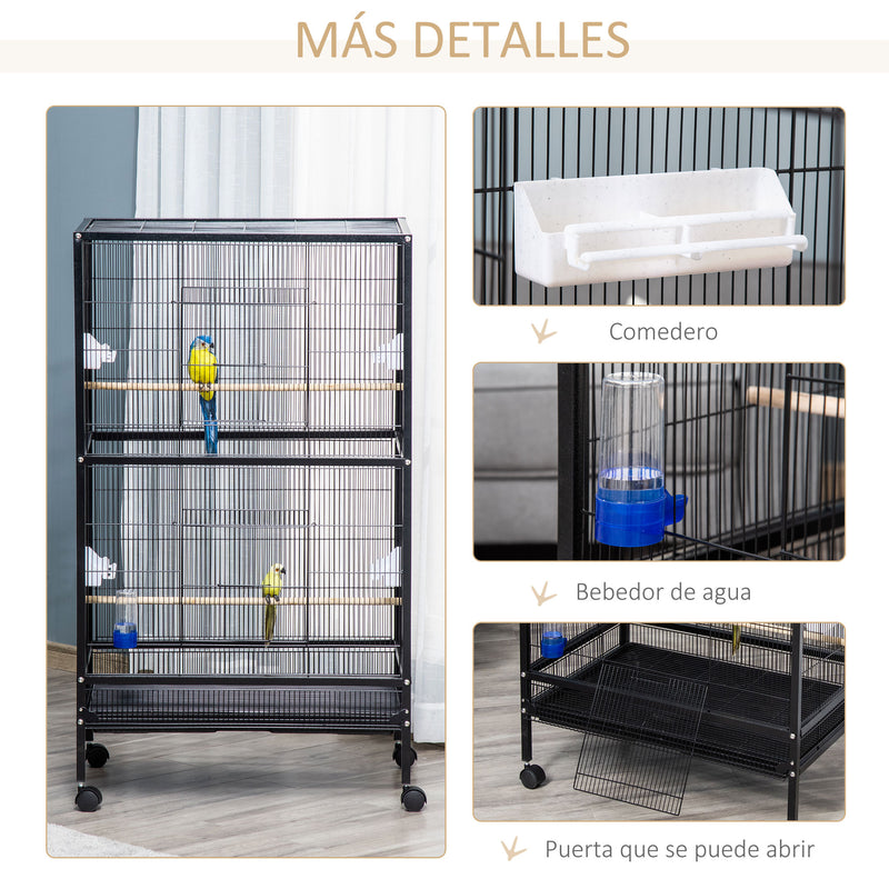 Gaiola para Pássaros com 4 Rodas Gaiola para Pássaros Metálica com Múltiplas Portas 4 Comedouros Bebedouro 2 Poleiros e Bandeja para Louros Canários Periquitos 79x52x137cm Preto