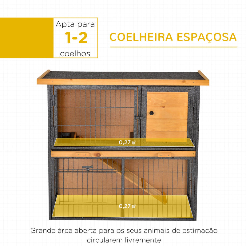 Coelheira de Exterior de Madeira para Animais Pequenos 2 Níveis com Rampa Bandeja Removível Portas com Fechaduras 89,5x45x81 cm Madeira e Cinza