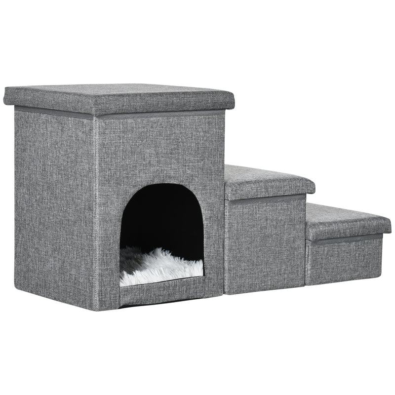 Escada para Cães Escada para Animais de Estimação de 3 Degraus com Tampas 3 Caixas de Armazenamento Caverna e Almofada Lavável para Cama Sofá 73,5x33x40,5cm Cinza