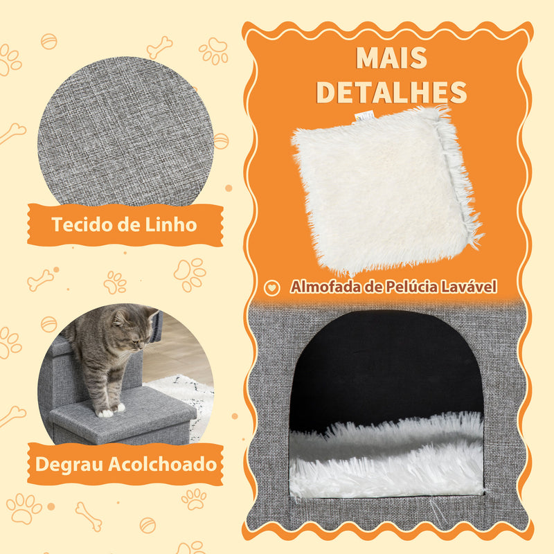 Escada para Cães Escada para Animais de Estimação de 3 Degraus com Tampas 3 Caixas de Armazenamento Caverna e Almofada Lavável para Cama Sofá 73,5x33x40,5cm Cinza