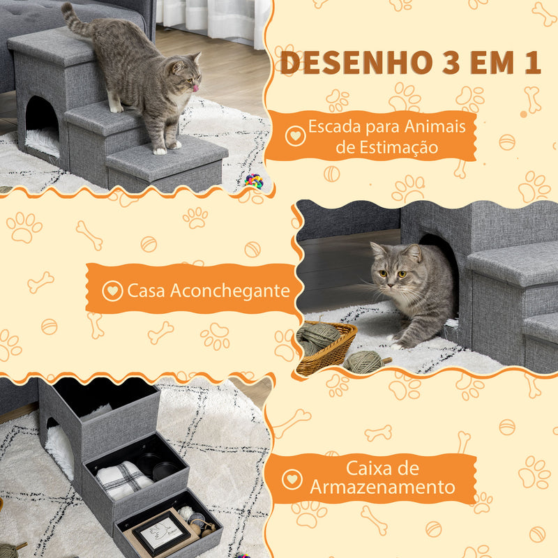 Escada para Cães Escada para Animais de Estimação de 3 Degraus com Tampas 3 Caixas de Armazenamento Caverna e Almofada Lavável para Cama Sofá 73,5x33x40,5cm Cinza