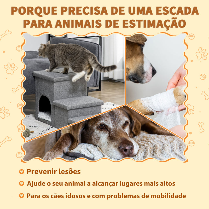 Escada para Cães Escada para Animais de Estimação de 3 Degraus com Tampas 3 Caixas de Armazenamento Caverna e Almofada Lavável para Cama Sofá 73,5x33x40,5cm Cinza