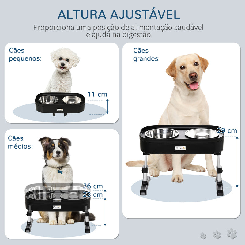 Comedouro Elevado para Cães com 4 Alturas Ajustáveis Comedouro Duplo para Cães com Tigela de 1000 ml e Comedouro Lento de 600 ml de Aço Inoxidável 43x25x30 cm Preto