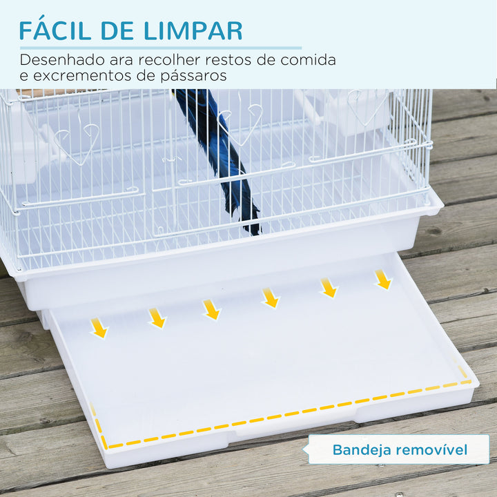 Gaiola para Passáros Gaiola de Metal com Portas 4 Comedouros 3 Poleiros Baloiço Bandeja Removível e Alça de Transporte para Papagaio Canário Periquito 46,5x35,5x92cm Branco