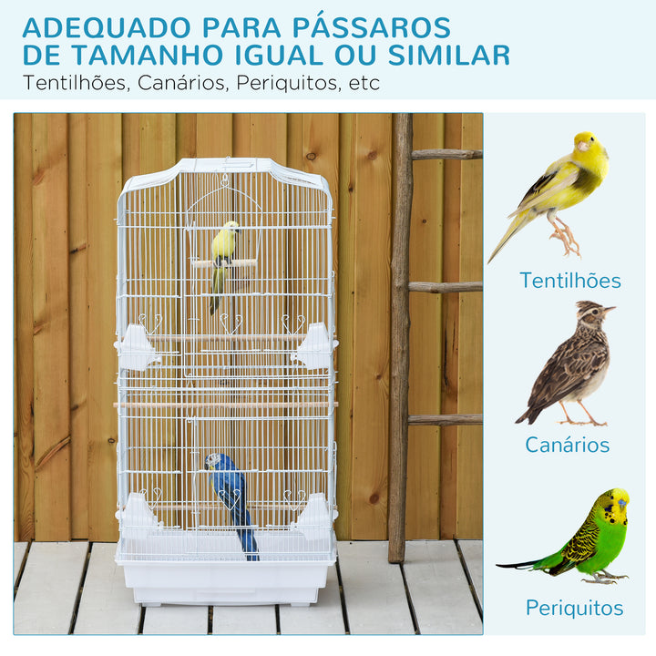 Gaiola para Passáros Gaiola de Metal com Portas 4 Comedouros 3 Poleiros Baloiço Bandeja Removível e Alça de Transporte para Papagaio Canário Periquito 46,5x35,5x92cm Branco