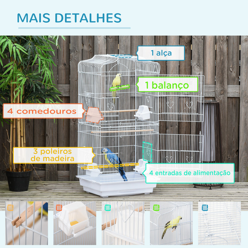 Gaiola para Passáros Gaiola de Metal com Portas 4 Comedouros 3 Poleiros Baloiço Bandeja Removível e Alça de Transporte para Papagaio Canário Periquito 46,5x35,5x92cm Branco