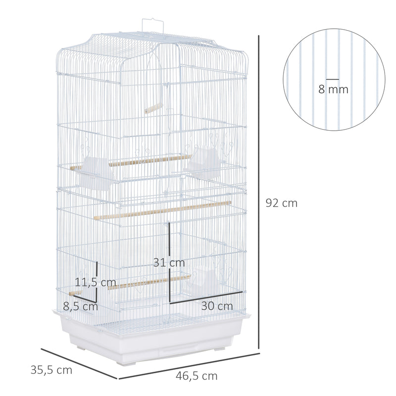 Gaiola para Passáros Gaiola de Metal com Portas 4 Comedouros 3 Poleiros Baloiço Bandeja Removível e Alça de Transporte para Papagaio Canário Periquito 46,5x35,5x92cm Branco