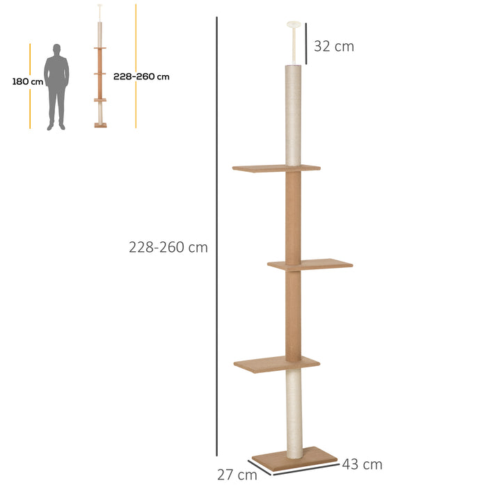 Arranhador para Gatos de Chão ao Teto 43x27x228-260 cm Torre para Gatos com Altura Ajustável 4 Plataformas e Poste de Sisal Marrom Claro