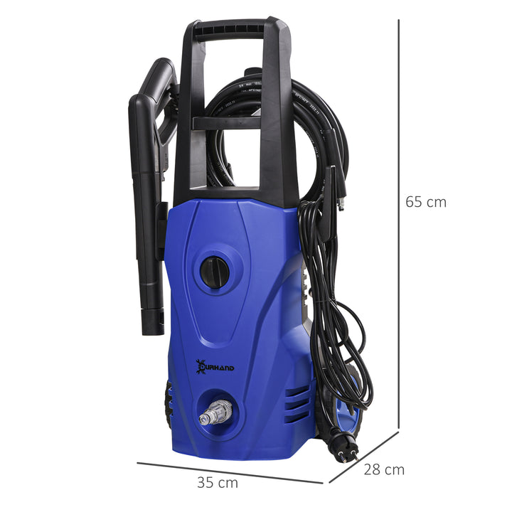 Lavadora de Alta Pressão 1600W Caudal 432 L/h Bomba de Alumínio Pressão de 135 Bar Mangueira de 6 m Inclui Garrafas de Sabão Bocal Escova 32x24x65 cm Azul