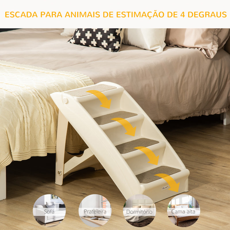 Escada Dobrável para Animais de Estimação de 3 Degraus para Cães Gatos Portátil com Tapetes Antiderrapantes para Cama Sofá Carga 20kg 67x38x49,5cm Bege