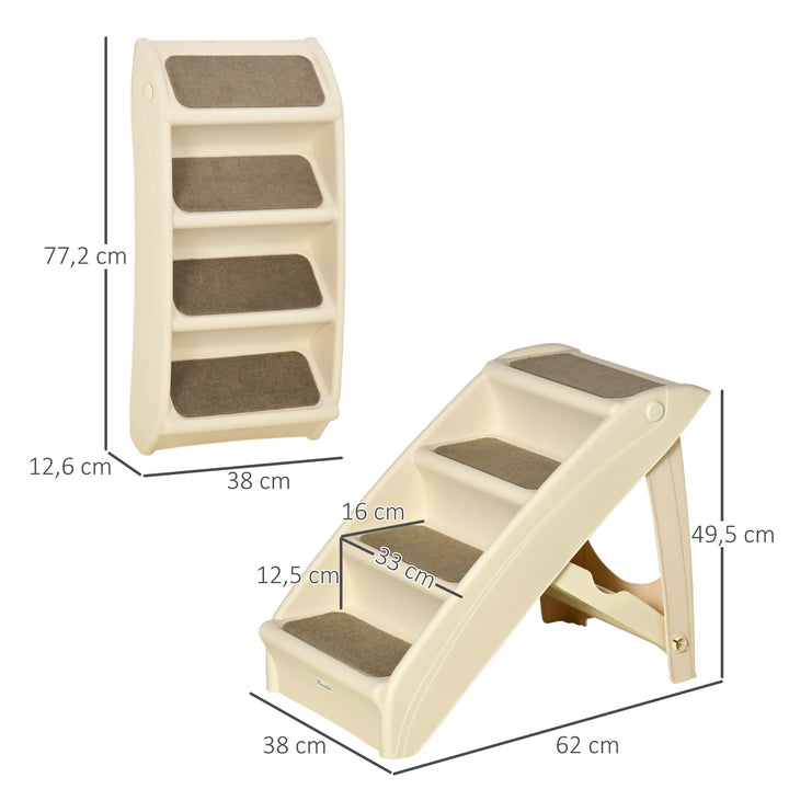 Escada Dobrável para Animais de Estimação de 3 Degraus para Cães Gatos Portátil com Tapetes Antiderrapantes para Cama Sofá Carga 20kg 67x38x49,5cm Bege
