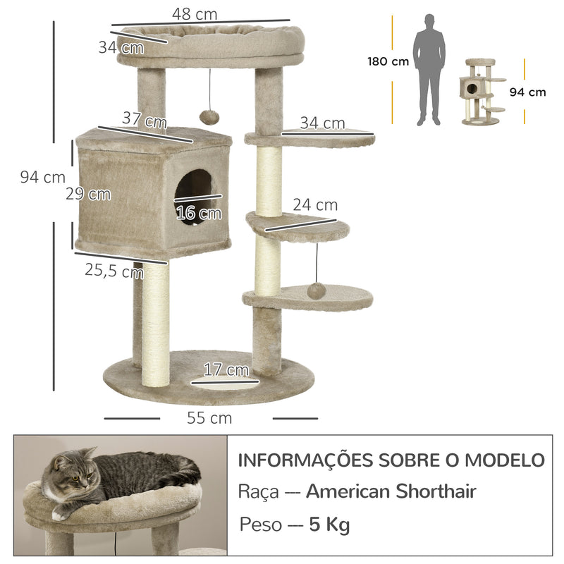 Árvore Arranhador para Gatos Pequenos Altura 94cm Torre para Gatos com Cama Superior Caverna 3 Escadas Bolas Suspensas e Postes de Sisal 55x55x94cm Marrom e Creme