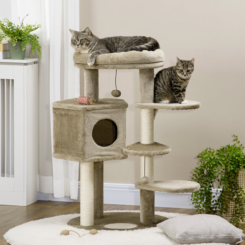 Árvore Arranhador para Gatos Pequenos Altura 94cm Torre para Gatos com Cama Superior Caverna 3 Escadas Bolas Suspensas e Postes de Sisal 55x55x94cm Marrom e Creme