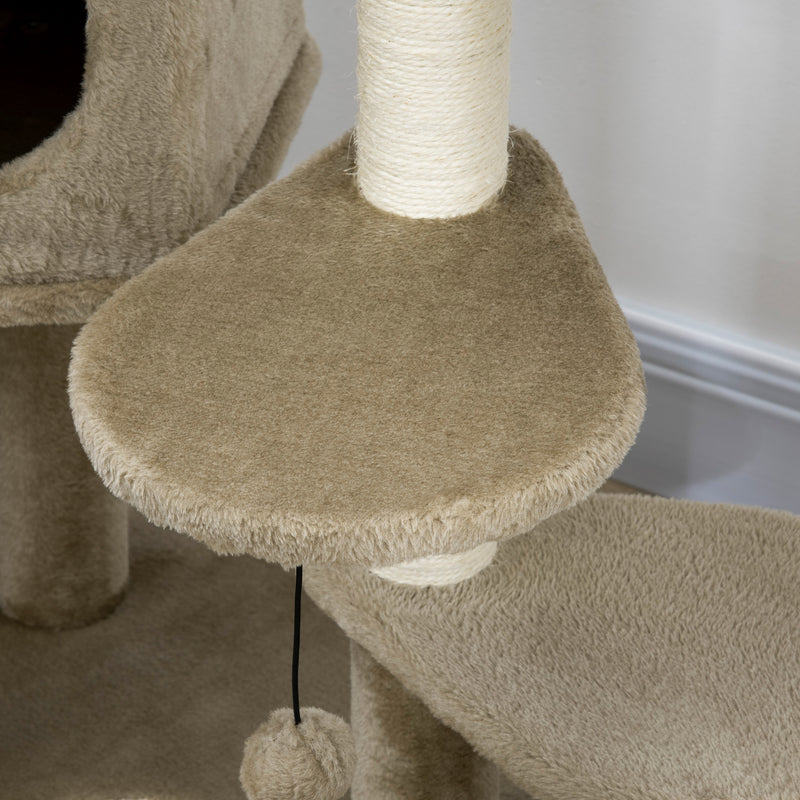 Árvore Arranhador para Gatos Pequenos Altura 94cm Torre para Gatos com Cama Superior Caverna 3 Escadas Bolas Suspensas e Postes de Sisal 55x55x94cm Marrom e Creme