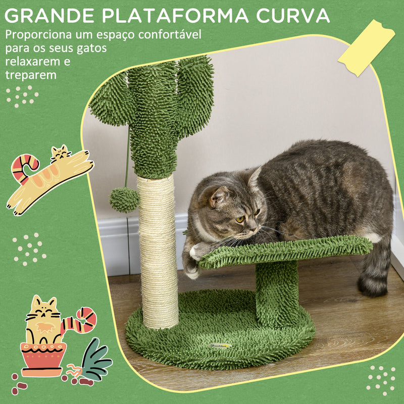 Arranhador para Gatos em Forma de Cactus de 55,5 cm Torre para Gatos com Poste de Sisal Cama e Bola de Brinquedo 35x31x55,5 cm Verde