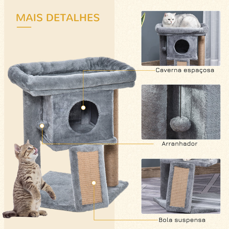 Árvore Arranhador para Gatos Pequenos Altura 57 cm Arranhador para Gatos com Poste de Juta Rampa Caverna e Bola Suspensa 40x40x57 cm Cinza