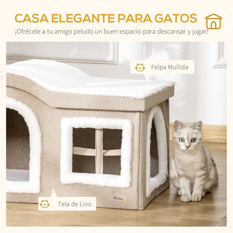 Casa Dobrável para Gatos Caverna para Gatos Grande com Tampa Removível Almofadas 2 Entradas e Janela 63,5x37x40cm Bege