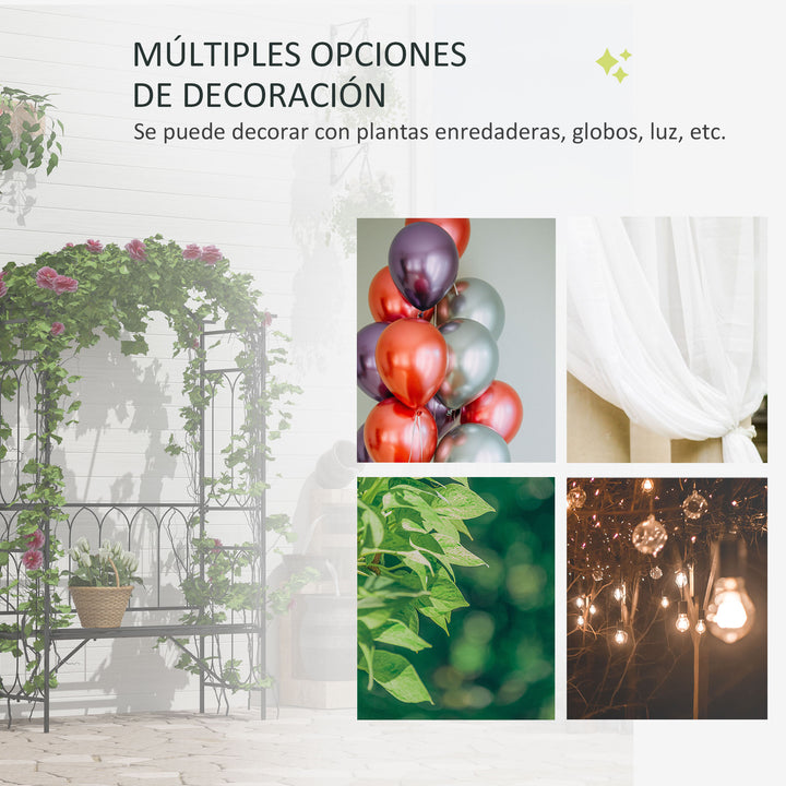 Arco de jardim com banco de metal suporte para plantas trepadeiras e rosas para varanda 115x50x203 cm Preto