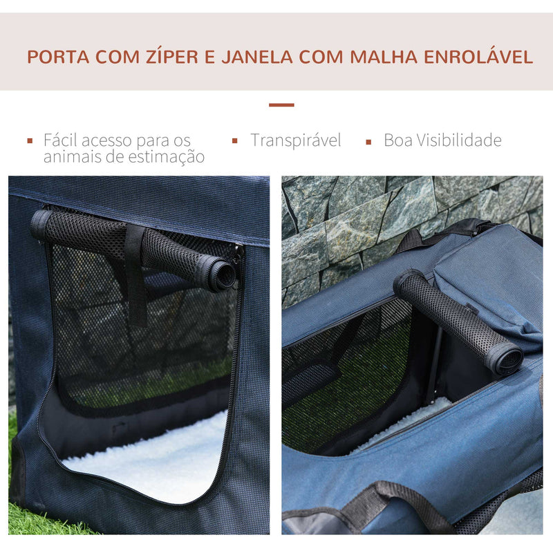 Transportadora para animais de estimação Portátil e Transpirável Dobrável com Almofada 3 Portas e Janela de Malha 2 Bolsos 60x41,5x41cm Azul Escuro