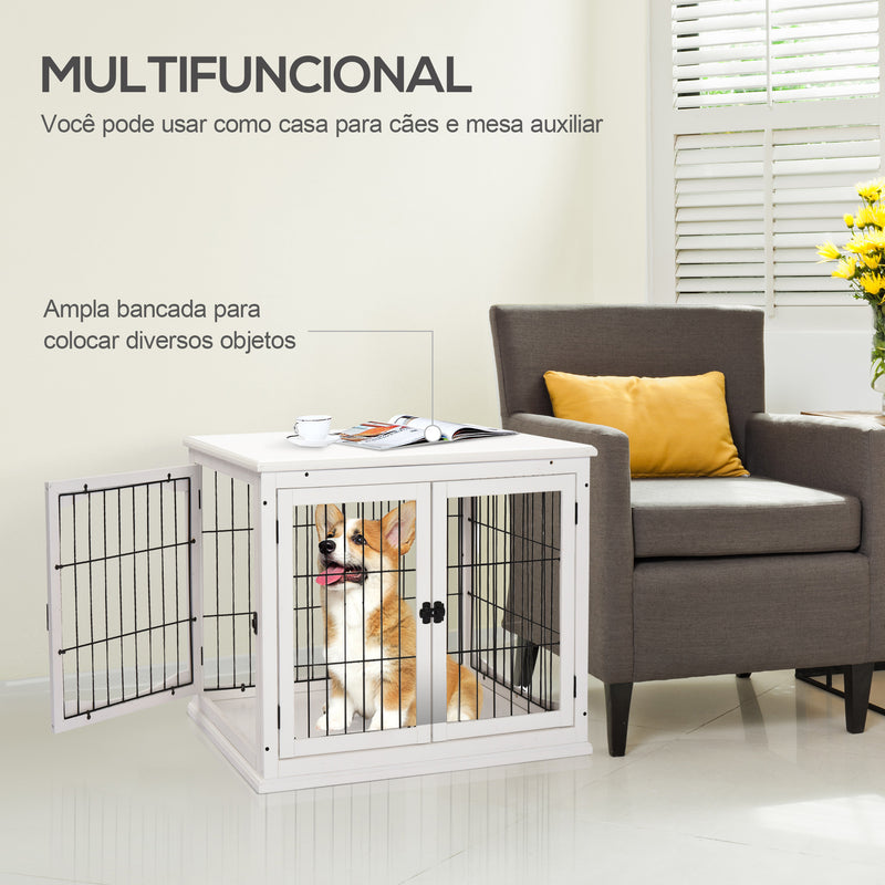 Gaiola para Cães Grande de Madeira com Superfície de Mesa 2 Portas e Grades de Metal 58,5x81x66cm Branco