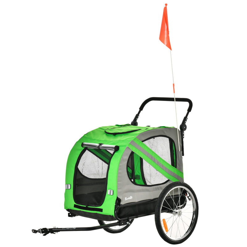 Reboque de Bicicleta para Cães 2 em 1 Transporte para Animais de Estimação com Porta Enrolável Janelas Cinto de Segurança Bandeira e 6 Refletores 134x73x108cm Verde