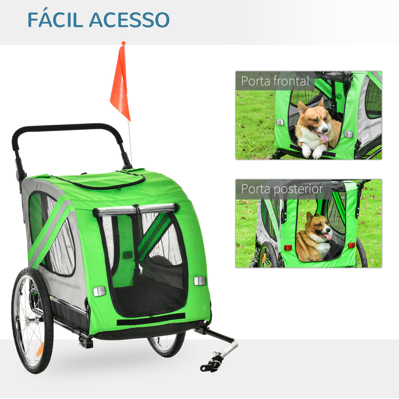 Reboque de Bicicleta para Cães 2 em 1 Transporte para Animais de Estimação com Porta Enrolável Janelas Cinto de Segurança Bandeira e 6 Refletores 134x73x108cm Verde