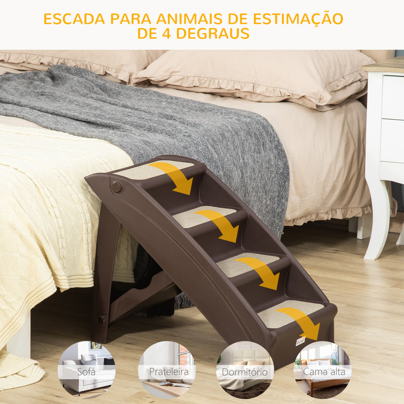 Escada Dobrável para Animais de Estimação de 4 Degraus para Cães Gatos Portátil com Tapetes Antiderrapantes para Cama Sofá Carga 20kg 62x38x49,5cm Marrom Escuro