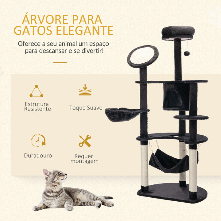 Árvore Arranhador para Gatos Grande Altura 153cm Torre de Escalada para Gatos com Caverna Redes Plataformas Postes Arranhadores de Sisal e Bola Suspensa Cinza Escuro