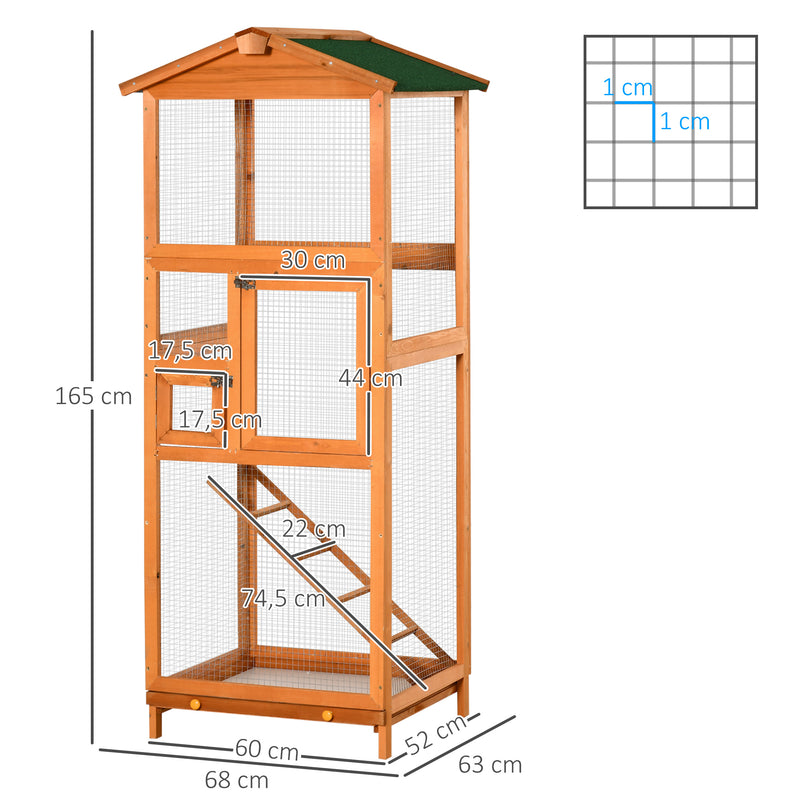 Gaiola para Pássaros Grande 68x63x165cm Gaiola para Pássaros de Madeira de Abeto com 2 Portas Bandeja Amovível e Teto Asfáltico Madeira