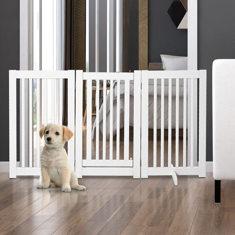 Barreira para Cães de Madeira Barreira para Animais de Estimação Dobrável de 3 Painéis com 1 Porta e Pés de Apoio para Corredor Escada 155x35,5x76 cm Branco