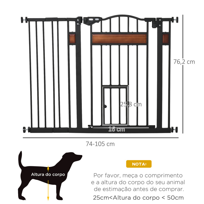 Barreira de Segurança para Cães Extensível para Portas Escadas 74-105cm com 2 Extensões de 10 e 15cm com 2 Portas e Fechadura Automática Aço Preto