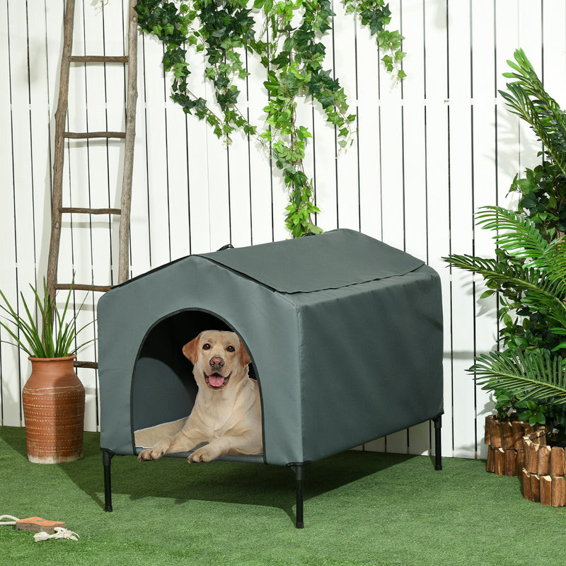 Casa para Cães com Cobertura Exterior 110x75x87 cm Cama Elevada para Animais de Estimação com Almofada e Janelas de Malha para Cães Grandes Cinza