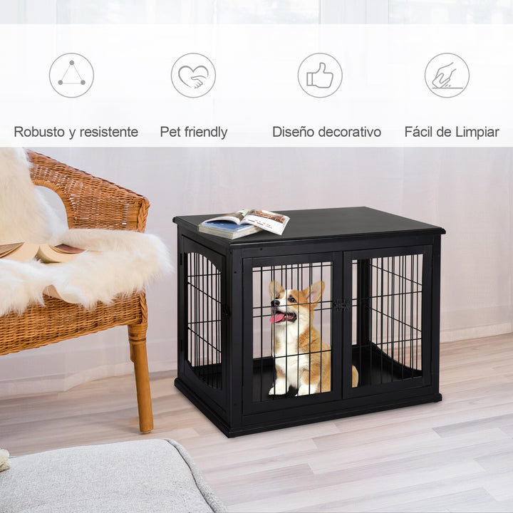 Gaiola para Cães Grande de Madeira com Superfície de Mesa 2 Portas e Grades de Metal 58,5x81x66cm Preto