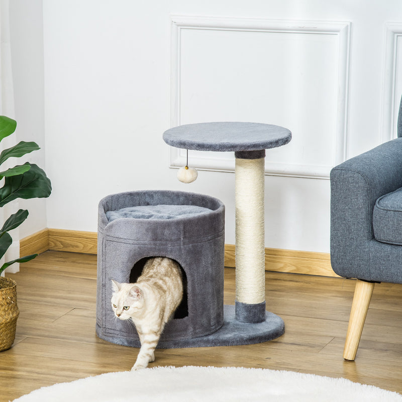 Árvore Arranhadora para Gatos Pequena Altura 59cm com Caverna de Pelúcia Suave Almofada Lavável Plataforma Poste de Sisal Natural e Bola de Brinquedo 55x36x59cm Cinza