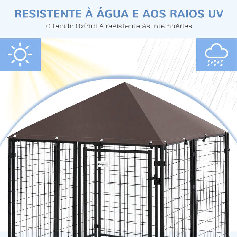 Parque para Animais de Estimação com Teto 141x141x153cm Canil para Cães de Jardim com Malha de Metal e Porta com Fechadura para Pátio Varanda Preto