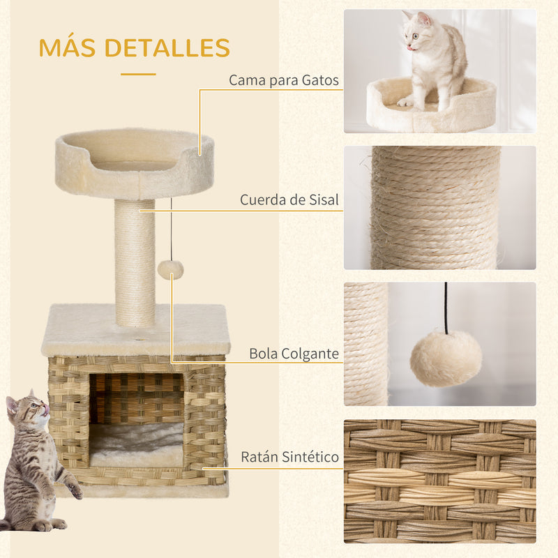 Árvore para Gatos Altura 69cm com Caverna de Vime Sintético Almofada Lavável Cama Superior Poste Arranhador de Sisal e Bola Suspensa 36x36x69cm Bege